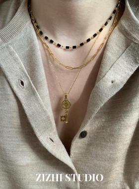 法式复古心钥项链女轻奢小众多层叠戴钛钢锁骨链闺蜜生日礼物