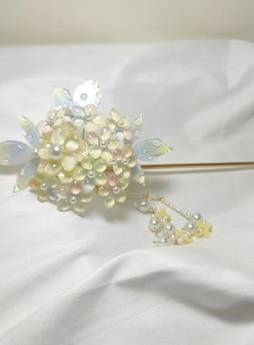 绣球樱花发簪热缩片花簪发簪步摇发钗u型汉服古风头饰纯手工制作
