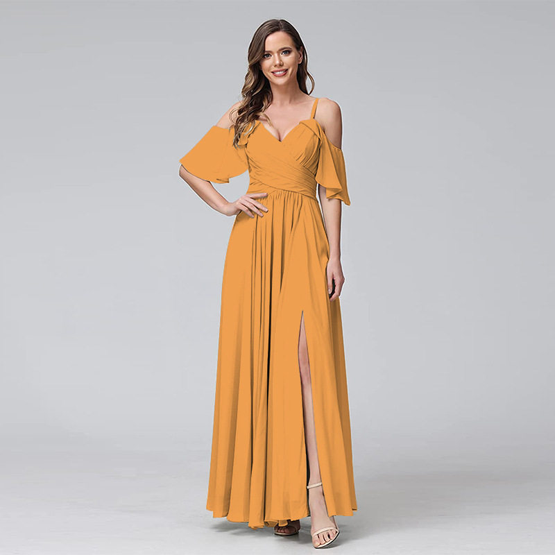 2023冬季新款跨境V领落肩袖A摆晚礼服连衣裙开叉弹力高腰舞会长裙 - 图1