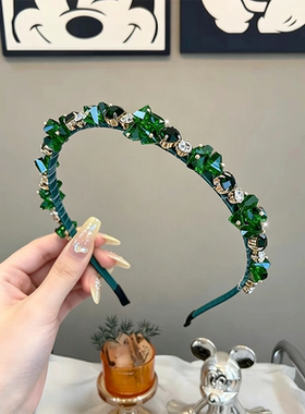 韩版新款发饰绿色奢华水晶钻石发箍精致压发卡重工镶钻高级感头箍