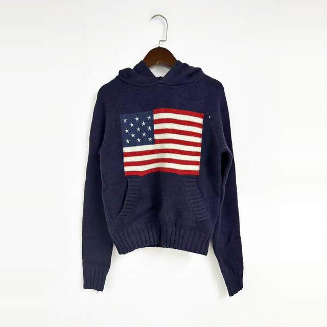 Eihey American retro style flag pattern loose round neck slim pullover hooded knitted sweater for women