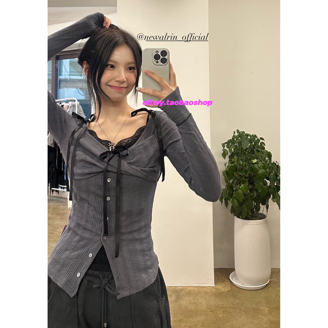 Eihey 2026 ພາກຮຽນ spring ນິຍົມສອງສິ້ນຊຸດ bottoming lace camisole slim ແຂນຍາວ cardigan ເທິງ