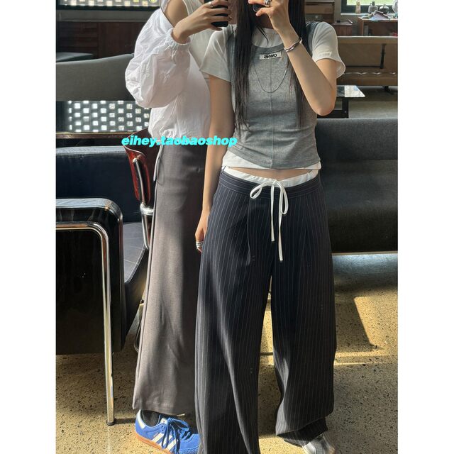 Eihey eh hey spliced waist high waist tie design versatile striped dark pattern drape suit pants casual pants