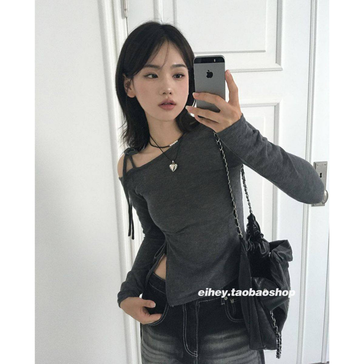 eihey诶嘿侧边系带开叉修身露肩吊带纯欲褶皱抽绳不规则长袖T恤女,淘宝优惠券,粉丝福利购,淘宝优惠卷