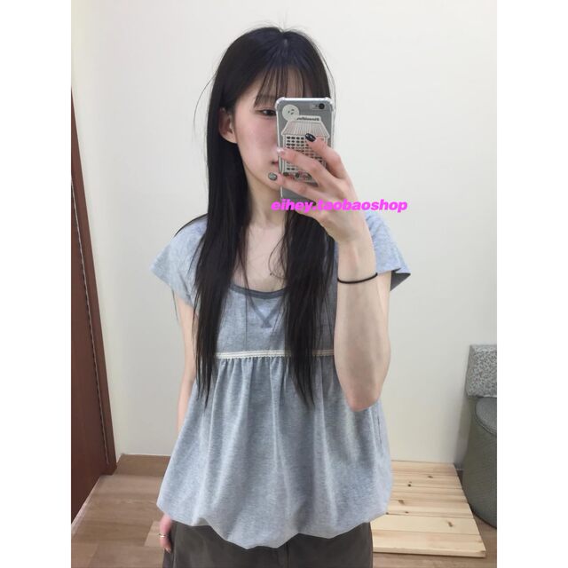 Eihey spring and summer new lace splicing design niche slimming pleated flower bud short-sleeved T-shirt tops for women