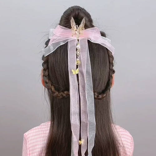 儿童古风灵动蝴蝶流苏长飘带发夹会动蝴蝶丝带后压夹女童汉服发饰 - 图0