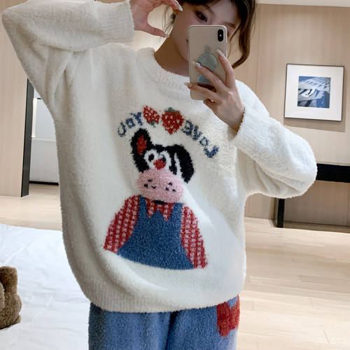 卡通可爱狗狗软绵绵加厚睡衣女冬季长袖套装宽松休闲保暖家居服 - 图3