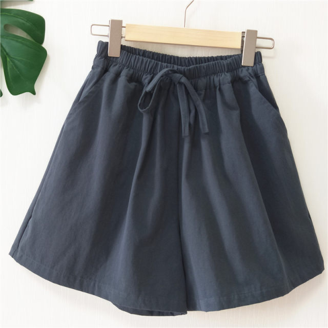 ດອກໄມ້ແລະໄມ້ໄຜ່ Retro Elastic Cotton and Linen Pants Shorts for Women