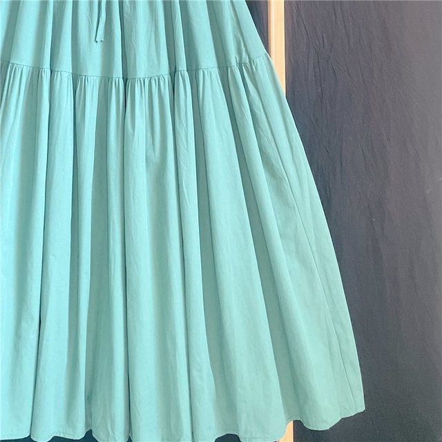 Clearance 30 self-made dark green pure cotton skirt women's spring and summer mid-length skirt A-line umbrella skirt temperament big swing skirt
