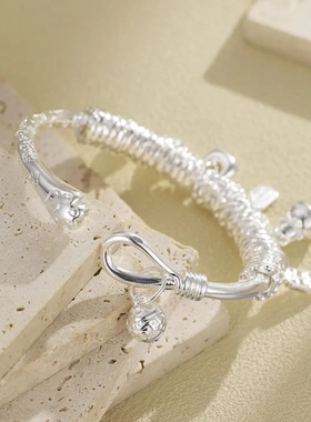 小众白铜开口手镯吉言盘缠手镯简约百搭带吊坠手镯高级感实心手镯