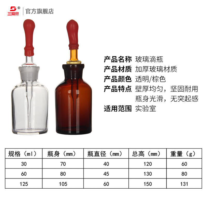 三爱思玻璃滴瓶含吸滴管30 60 125ml配乳胶头磨砂精细指示剂存放避光精油试剂化学药品实验室仪器小试管 - 图0