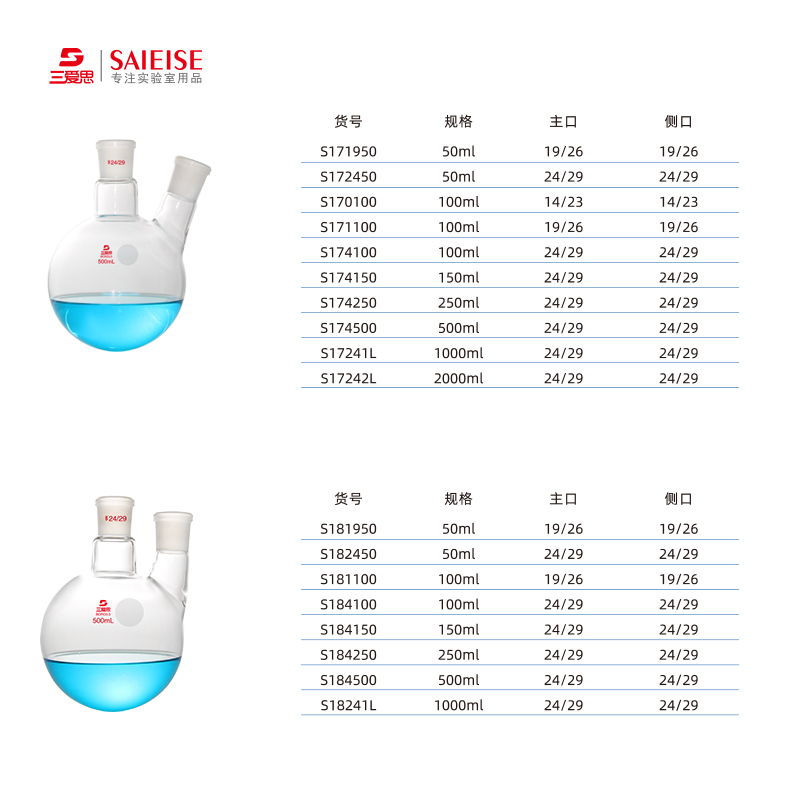 三爱思二口圆底烧瓶斜直两口蒸馏装置反应瓶科学实验室高硼硅玻璃仪器容量10 25 50 100 250 500 1000 2000mL - 图1