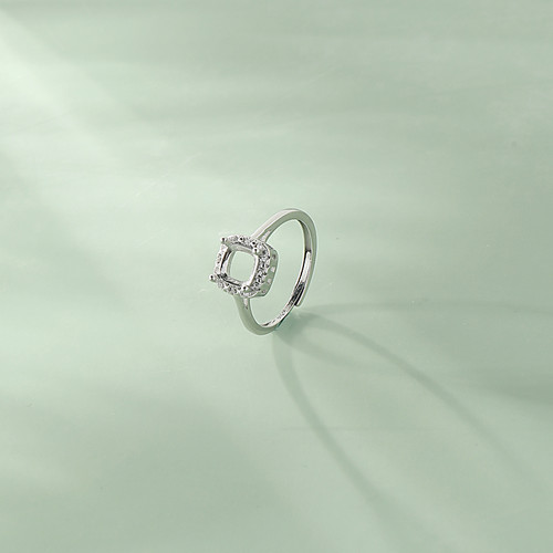 民族风镀S925纯银女戒指空托万能镶嵌5mm翡翠宝石正方形戒面6 7mm - 图1