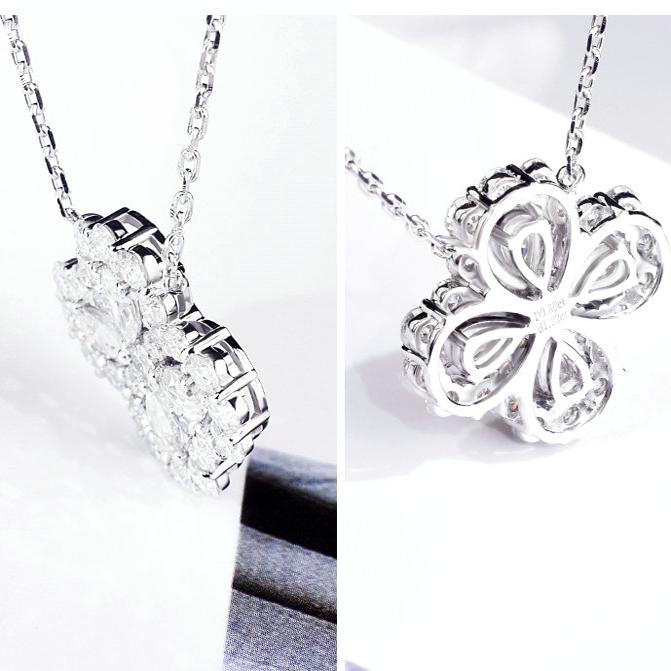 HW四叶草花形水滴钻培育钻石欧美气质18K金满钻吊坠锁骨项链礼物_