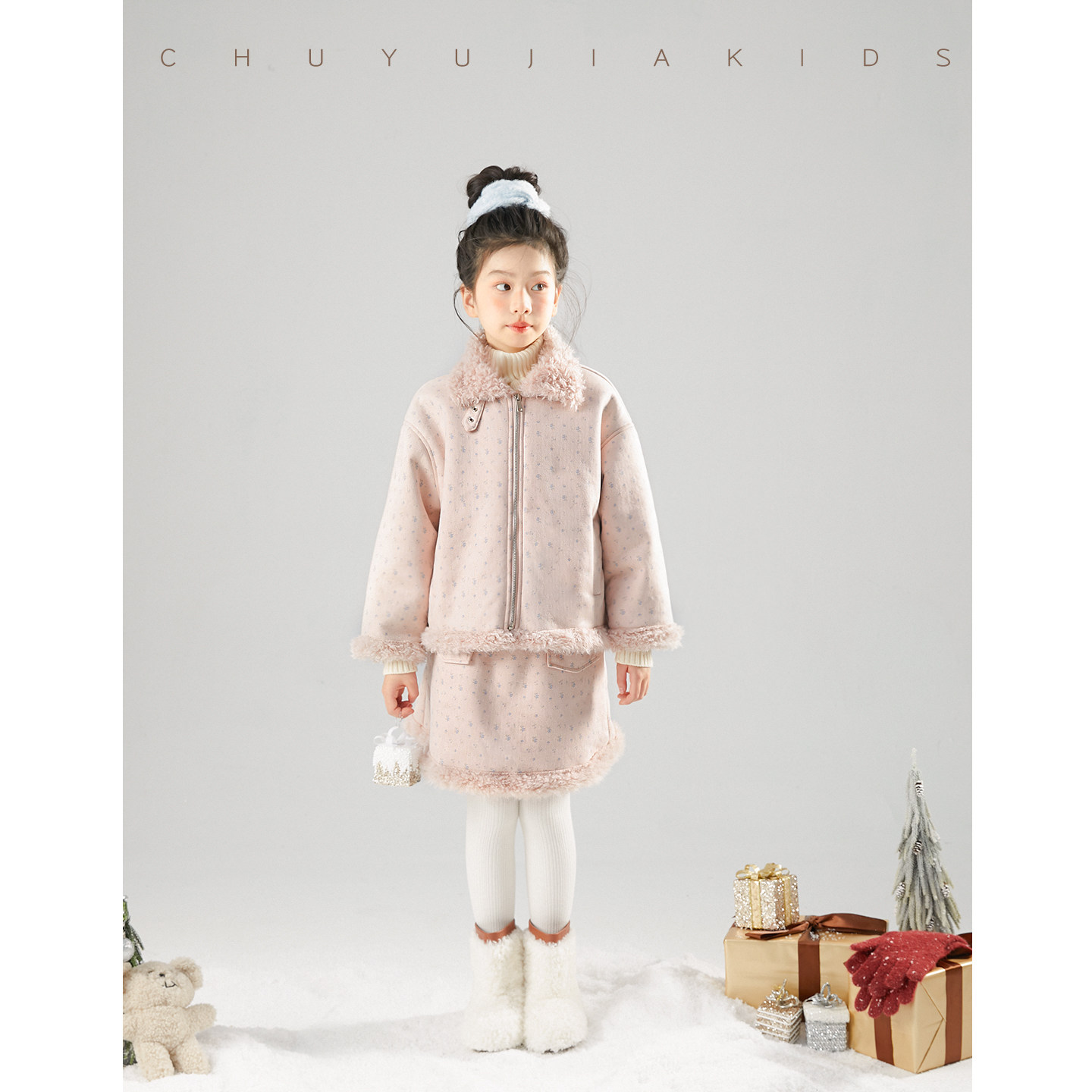 初羽家女童皮毛一体套装儿童冬季加厚保暖碎花麂皮外套半裙两件套,淘宝优惠券,粉丝福利购,淘宝优惠卷