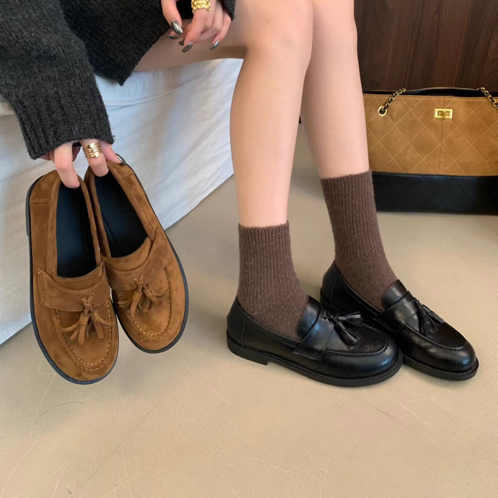 MUMU复古流苏一脚蹬乐福鞋女平底真皮圆头奶奶鞋休闲单鞋,淘宝优惠券,粉丝福利购,淘宝优惠卷