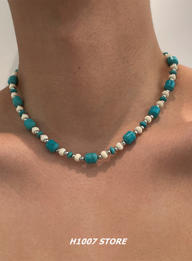 蓝白串珠拼接男款项链女锁骨链嘻哈风小众设计感颈链高级感毛衣链