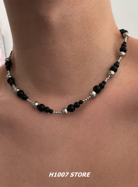 新款黑银色串珠男款项链女小众设计高级感轻奢锁骨链嘻哈风毛衣链