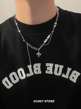 深海 蓝色滴油珍珠男生锁骨链女小众设计感毛衣链嘻哈风钛钢项链