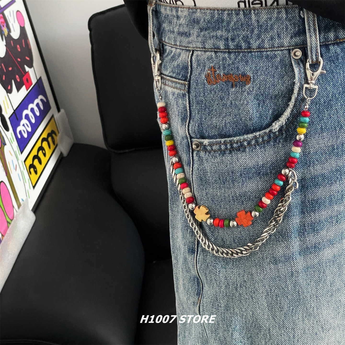 十字架彩色串珠嘻哈风男款裤链女小众设计感腰链牛仔裤工装裤挂链