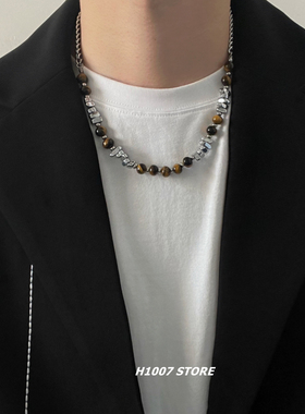 碎银虎眼石串珠锁骨链男钛钢项链