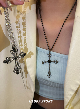 赛博朋克风十字架长款女项链男暗黑夸张小众设计嘻哈风毛衣链饰品