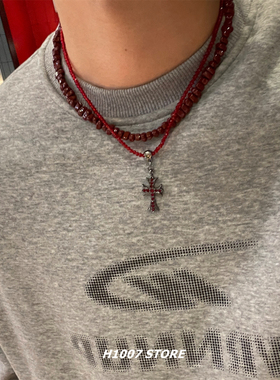 安可拉红色碎银拼接女锁骨链男颈链冷淡项链小众设计毛衣链新年款
