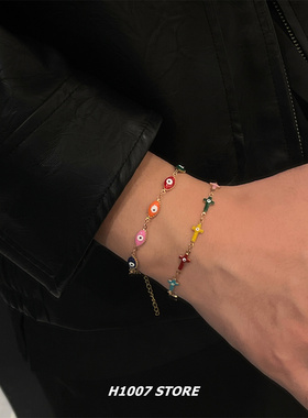 新款恶魔之眼十字架彩色眼睛男款手链小众设计感脚链女欧美嘻哈风