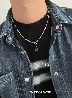钛钢链条拼接黑宝石嘻哈风项链男款小众设计感女锁骨链配饰毛衣链
