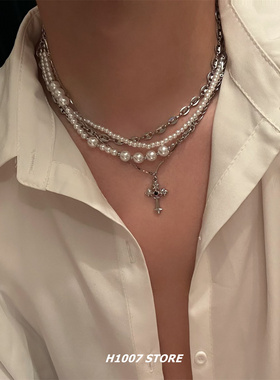 多层珍珠嘻哈风男款锁骨链拼接小众设计感美式女项链情侣款毛衣链