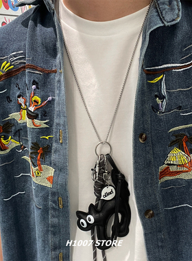 黑色炸毛小猫一款3用可拆卸裤链包链长款项链女款小众感毛衣链男