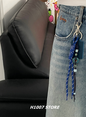 蓝色编绳陶瓷平安扣男裤链女小众设计感手作包挂钥匙扣工装裤挂饰
