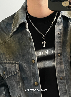 新款十字花镶钻男款项链女小众设计感链条毛衣链暗黑嘻哈风锁骨链