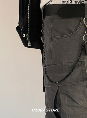 黑色链条皮革十字挂件男款裤链女小众设计嘻哈风钥匙包挂腰间挂饰
