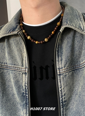 原创新款手作虎眼木珠颈链高级感项链男气质小众设计女锁骨链新款