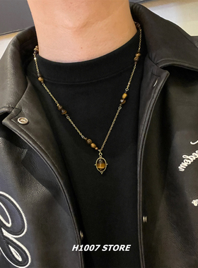 新款虎眼吊坠串珠男款项链女小众设计高级感锁骨链男款毛衣链配饰