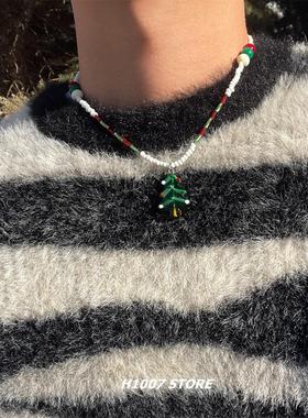 圣诞节彩色姜饼人串珠手作女项链男款圣诞树毛衣链趣味情侣款配饰