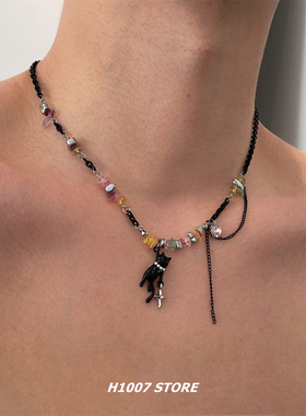 彩色碎石小猫拼接黑色链条男款项链不掉色小众颈链锁骨链女毛衣链