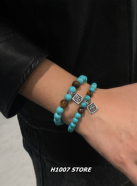 美式松石十字花串珠男款手链女小众设计嘻哈风情侣款手串百搭配饰