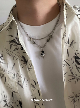 火焰宝石串珠项链男款暗黑嘻哈风小众设计感女生锁骨链毛衣链饰品