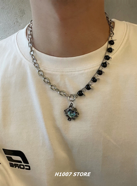 月光石黑色串珠拼接钛钢链条男