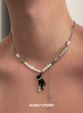 彩色碎石小猫拼接珍珠链条男款项链不掉色小众颈链锁骨链女毛衣链