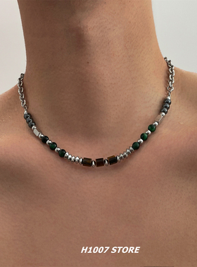 虎眼串珠钛钢链条嘻哈风项链男款小众设计感女锁骨链配饰毛衣链新