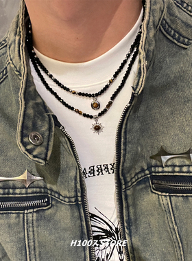 暗黑风虎眼石吊坠串珠男项链嘻哈冷淡风锁骨链女小众设计感毛衣链