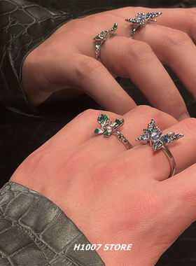 滴油镶钻蝴蝶戒指女生冷淡风嘻哈小众设计感指环男饰品2024年新款