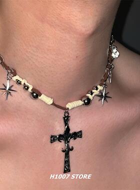 暗黑风编织链十字花项链男款锁骨链女小众设计颈链百搭choker配饰