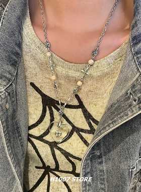 复古做旧爱心十字花长款项链女小众设计高级感锁骨链男毛衣链新款