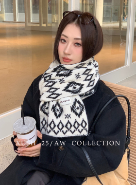 费尔岛针织围巾女秋冬季新款韩系百搭氛围感加厚保暖护颈围脖学生