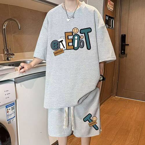 夏季薄款华夫格套装男青少年酷帅简约ins加大码短袖T恤短裤两件套 - 图0