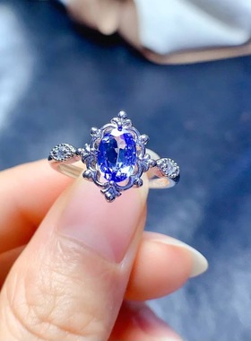 天然坦桑石戒指925银镀白金精工时尚韩版蕾丝轻奢高级食指戒活口